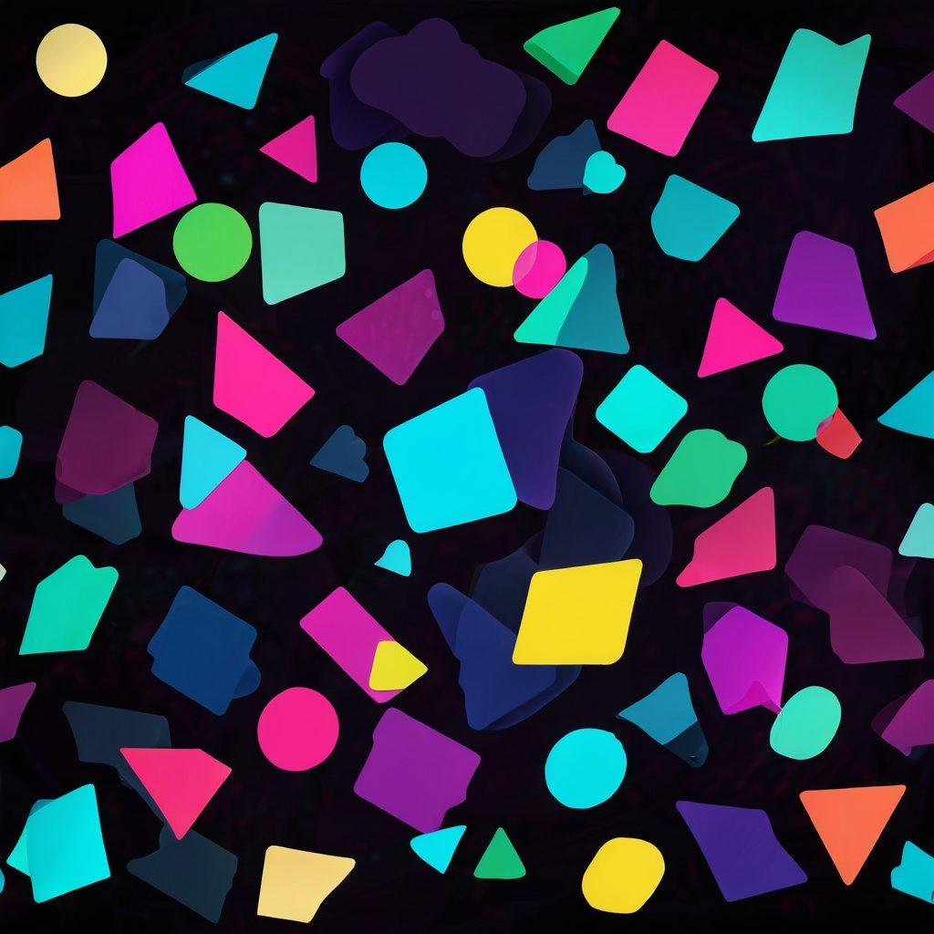 A captivating blend of abstract shapes and silhouettes representing various aspects of the adult blogosphere, with a subtle, mysterious glow that hints at secrets. Incorporate trendy elements like digital devices and social media icons to reflect current trends. Set against a dark, moody background to create intrigue and depth. Use vibrant neon colors to add a touch of modernity and excitement. digital art. neon colors. dark background.