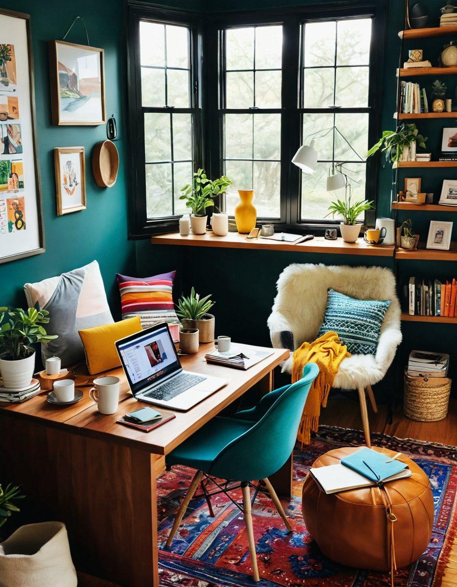 A vibrant and welcoming digital landscape showcasing diverse individuals engaging in online blogging and journaling in a cozy, modern space. Include elements like laptops, notebooks, and coffee cups to represent the creative process. Surround them with colorful icons symbolizing adult themes, community, and connection, ensuring a friendly and inclusive vibe. A blend of warm and inviting colors to evoke a sense of belonging. super-realistic. vibrant colors. cozy atmosphere.